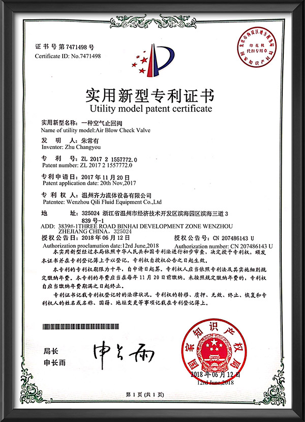 实用新型专利证书-一种空气止回阀